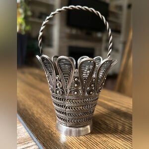 RARE Vintage Kazakovo Silvered Filigree Mini Basket USSR